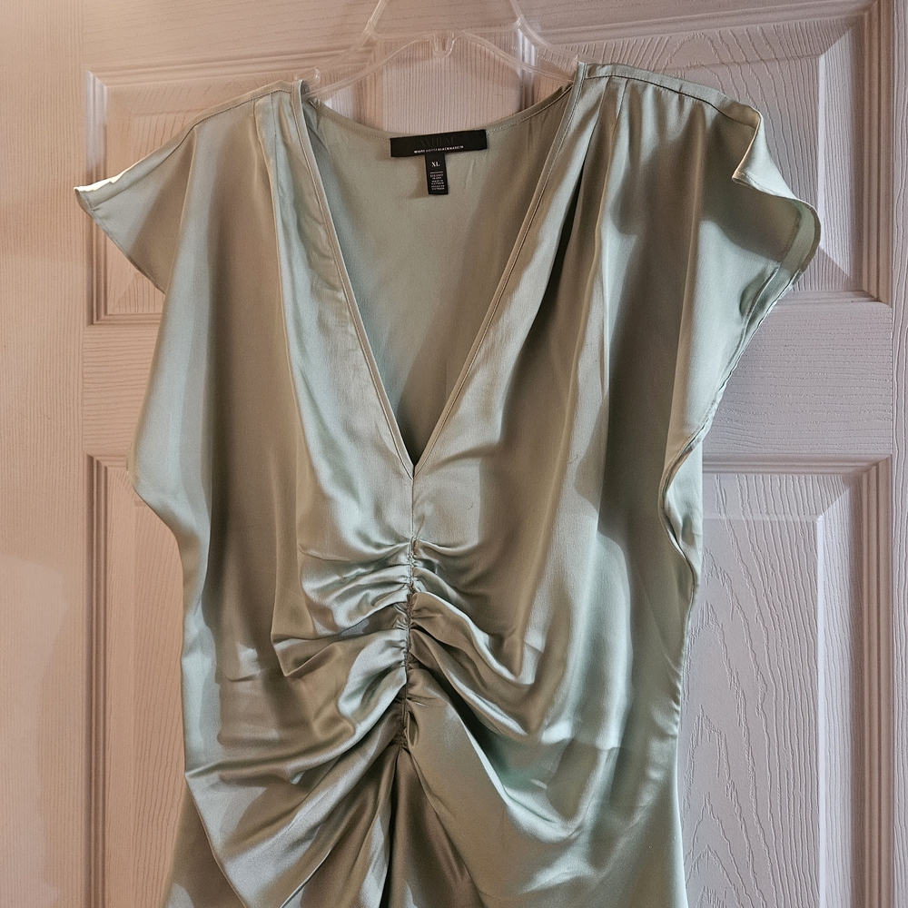 White House Black Market Satin Blouse in Soft Green